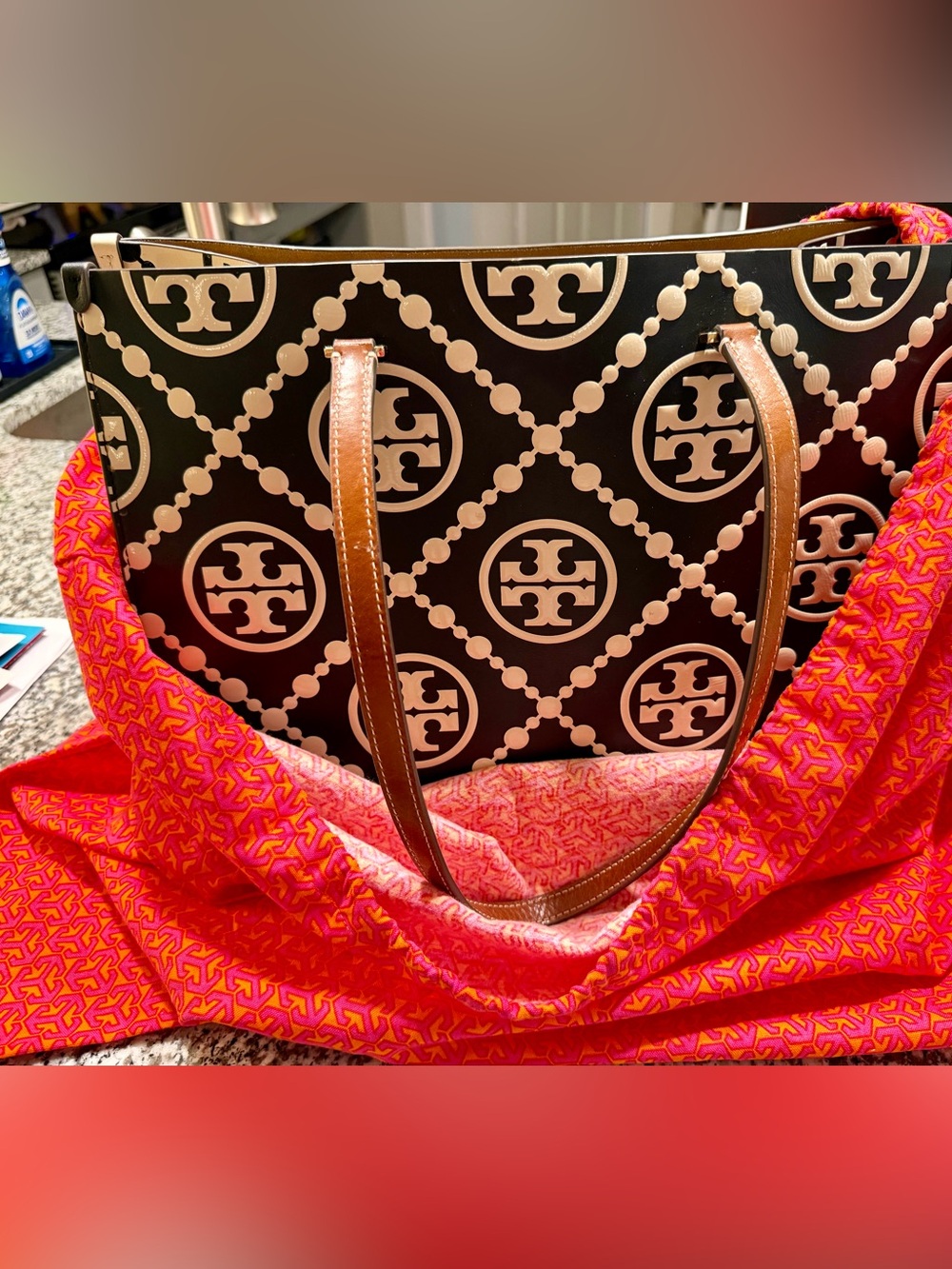Tory Burch Black and White Logo Tote with Brown Straps